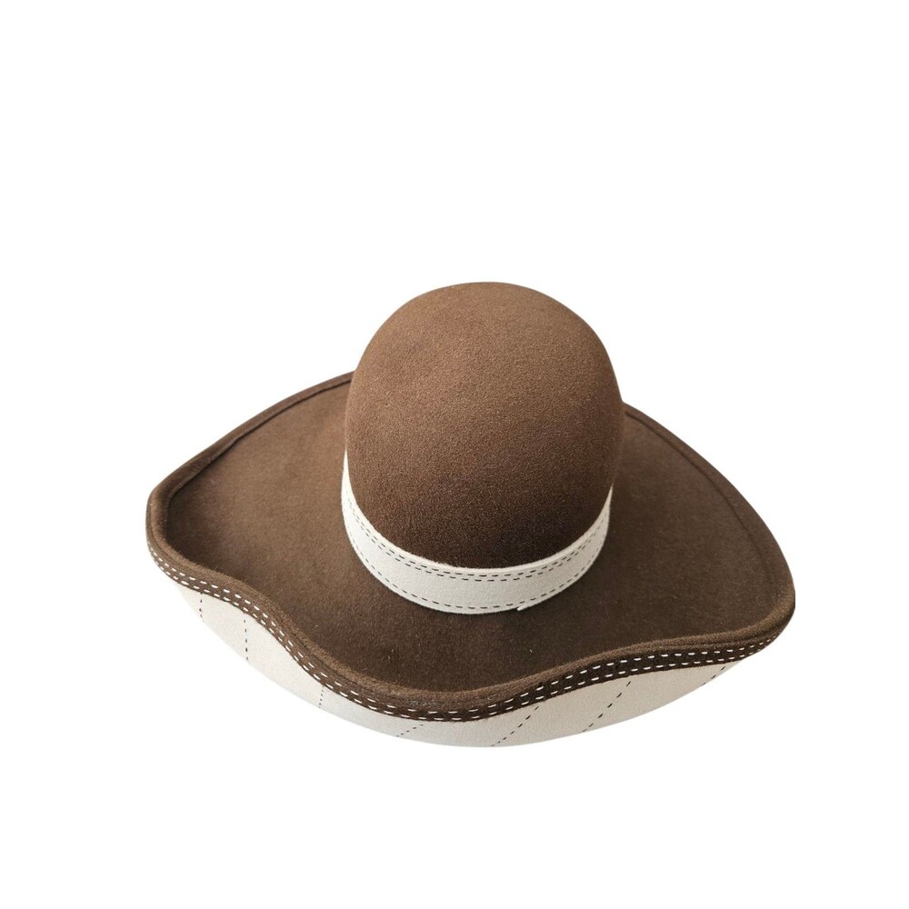 Vintage B Michael Brown Wool Felt Hat Statement Wide Lifted Brim Stitching